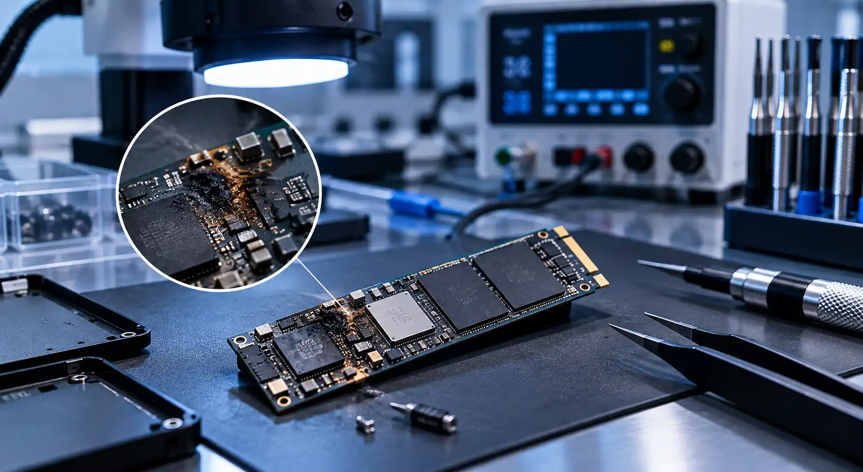 لوحة إلكترونية محترقة لقرص M.2 NVMe بآثار حرارة أثناء فحصها للإصلاح