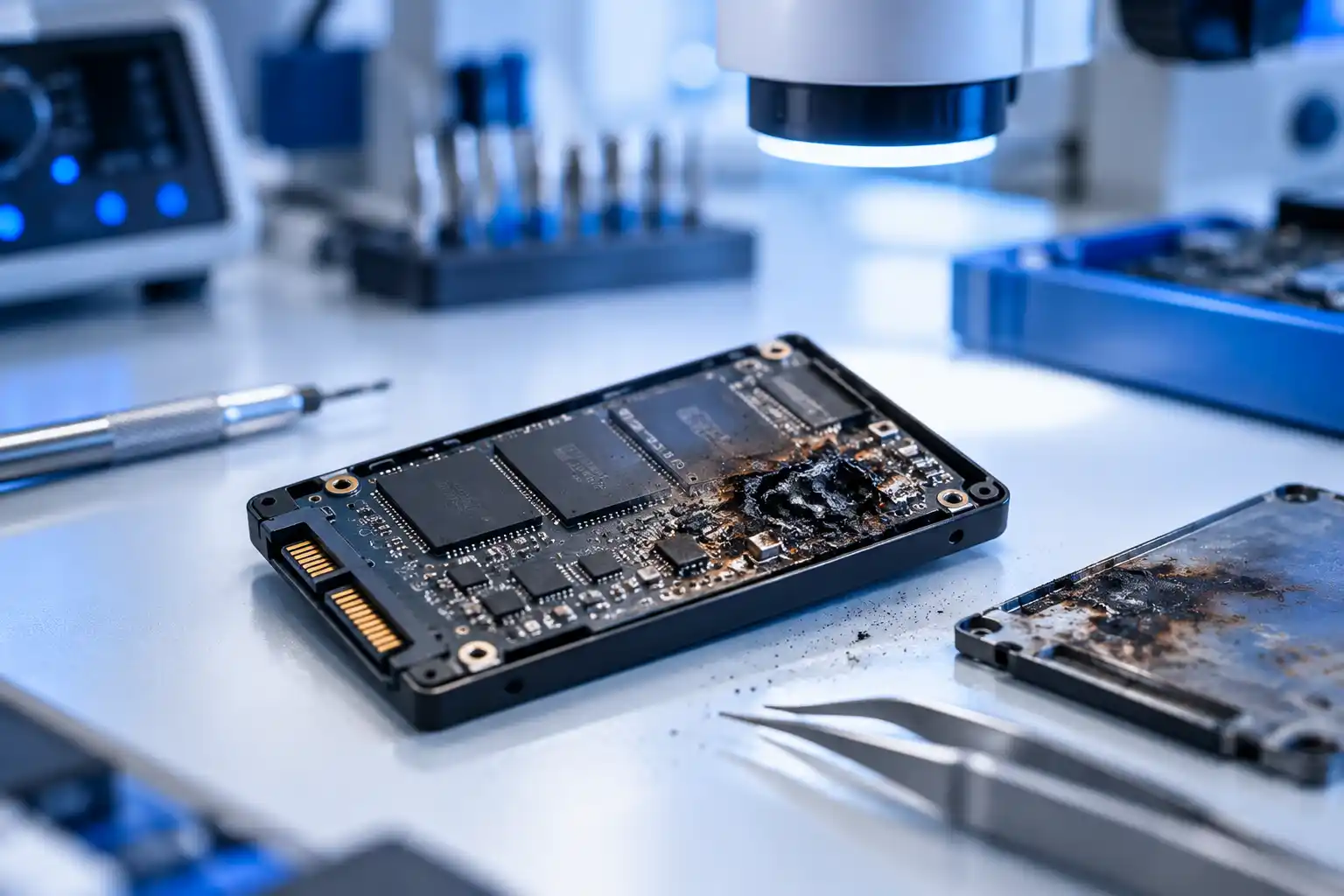لوحة إلكترونية محترقة لقرص SSD بانتظار استعادة البيانات الاحترافية