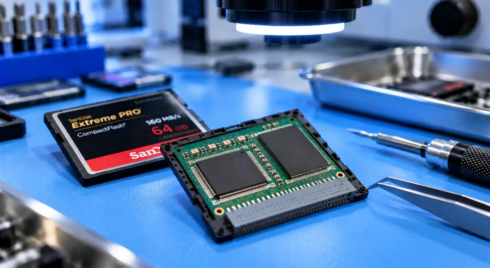 وحدة ذاكرة CompactFlash تالفة بلوحة دوائر مكشوفة وشرائح ذاكرة يتم فحصها لاستعادة البيانات
