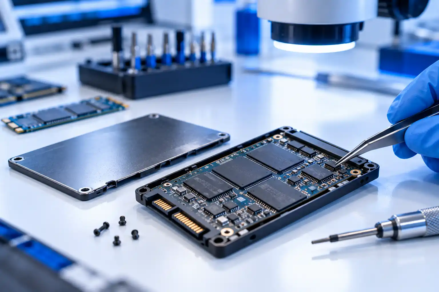 فني يفحص اللوحة الإلكترونية لقرص SSD متضرر باستخدام ملقط دقيق