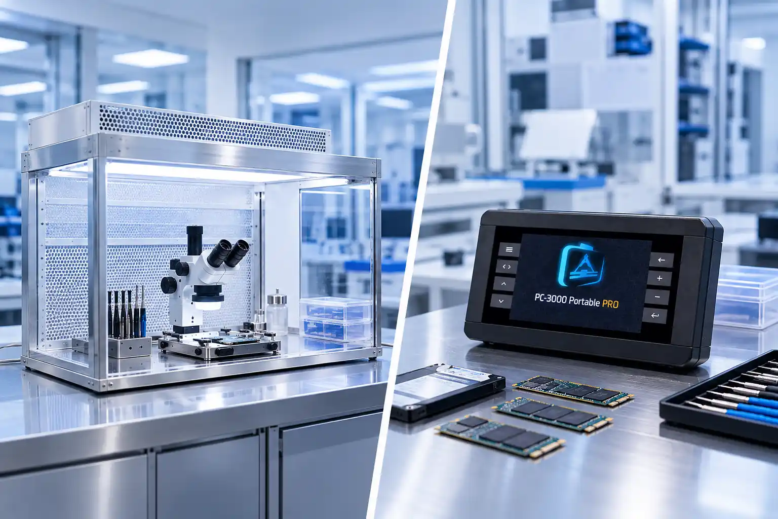 Cleanroom workstation with microscope and PC-3000 Portable PRO used for external hard drive repair in Muscat