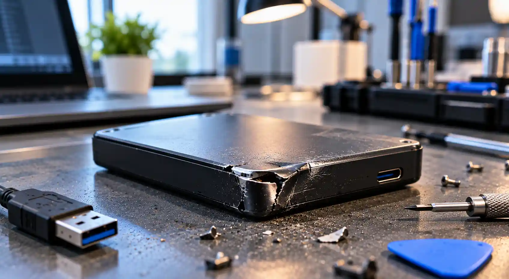 Damaged external hard drive with a cracked enclosure and USB cable on a repair bench in Muscat