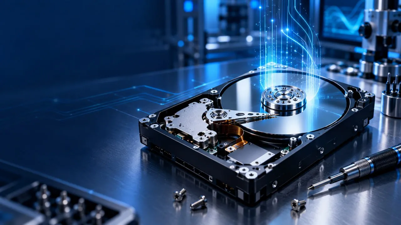 Opened hard drive platter with digital data streams representing professional hard drive data recovery