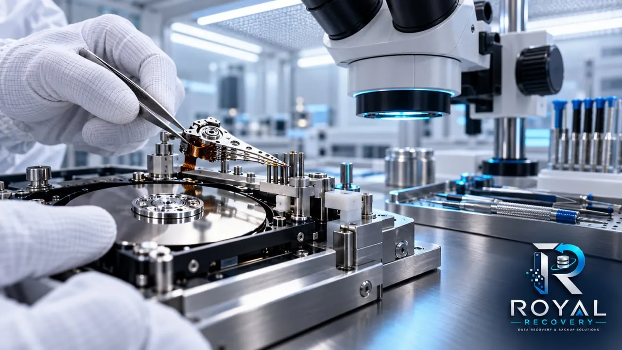 Technician replacing hard drive read/write heads under a microscope in a clean room environment