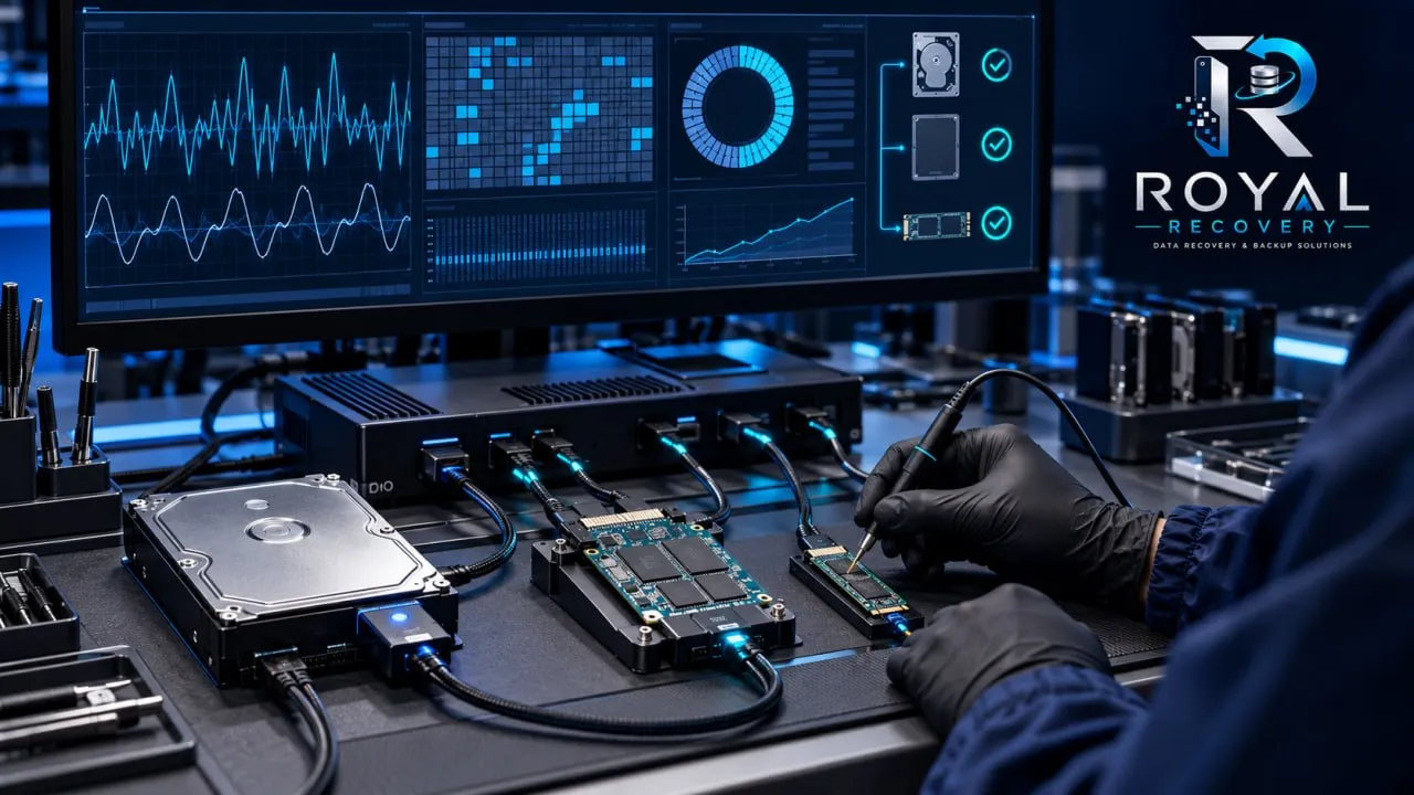 Technician diagnosing hard drive, SSD and circuit boards with professional data recovery equipment