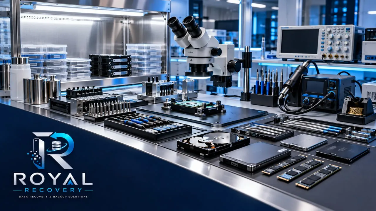 Royal Recovery laboratory with microscope, soldering station, hard drives and SSDs for professional hard drive repair
