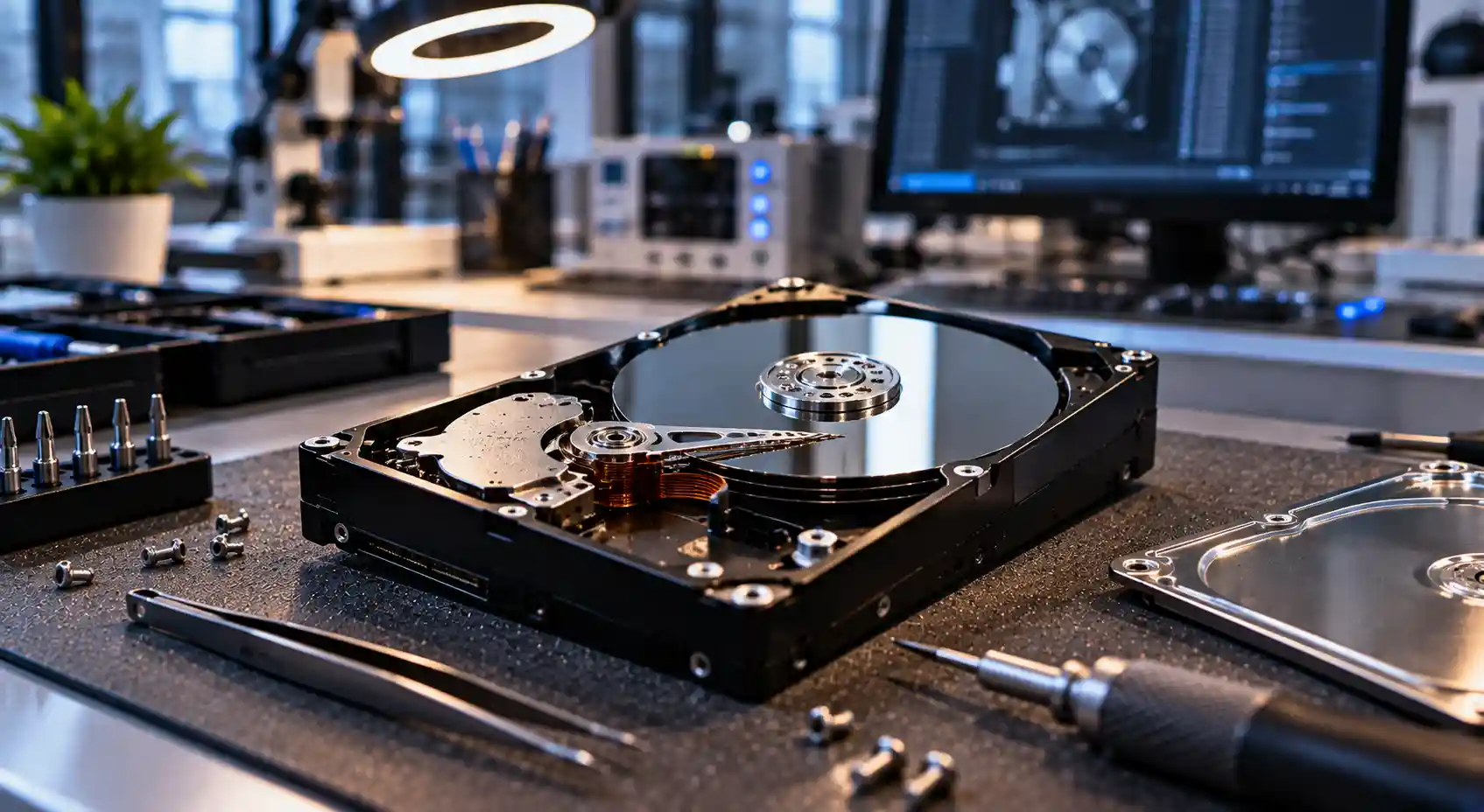 Opened hard drive with read/write heads and platter on a repair bench at the Royal Recovery hard drive repair lab in Muscat