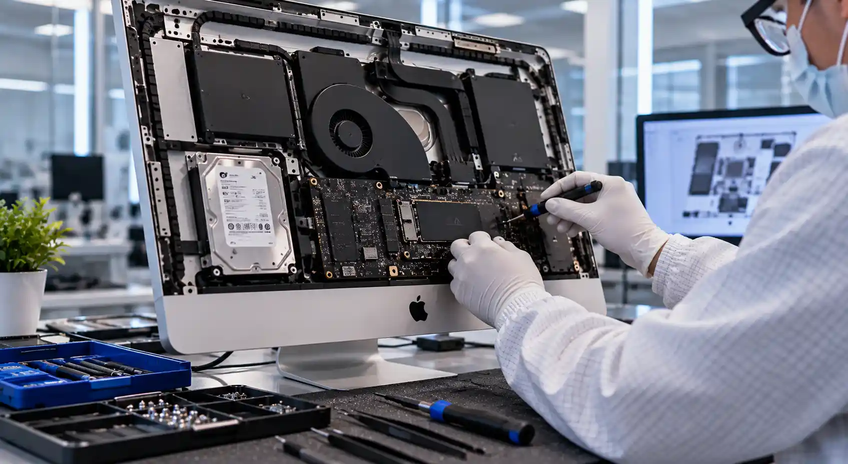 فني يفتح جهاز iMac للوصول إلى القرص الصلب الداخلي واللوحة المنطقية لاستعادة البيانات