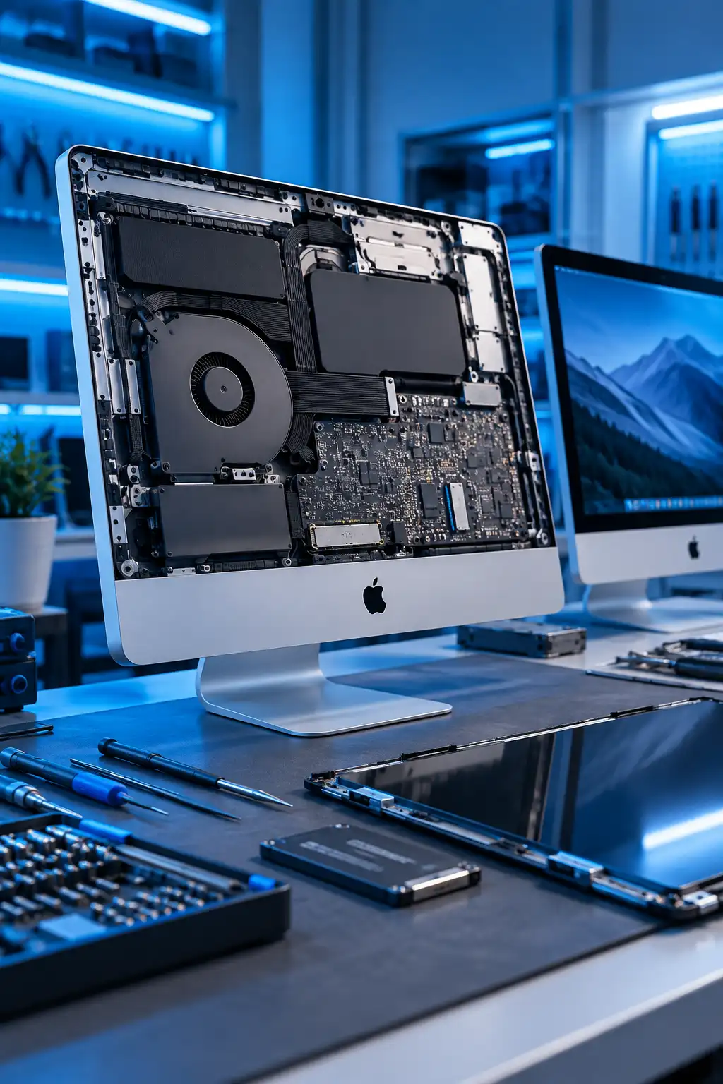 جهاز iMac مفتوح تظهر فيه اللوحة المنطقية ومروحة التبريد والمكونات الداخلية أثناء الإصلاح الاحترافي