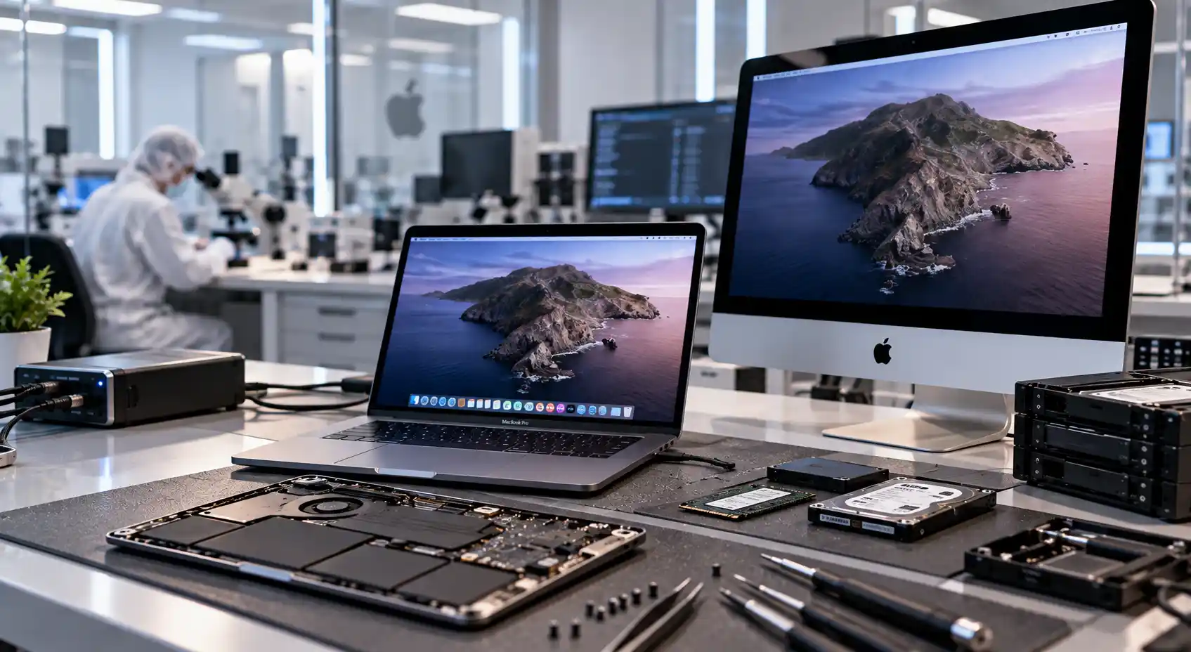 MacBook Pro و iMac مع أقراص داخلية و SSD على طاولة العمل في مختبر رويال ريكفري لاستعادة بيانات Mac في مسقط