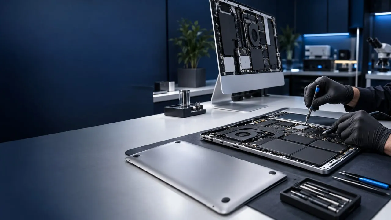فني يصلح جهاز MacBook Pro مفتوحاً مع جهاز iMac قيد الإصلاح في الخلفية لدى رويال ريكفري في عُمان