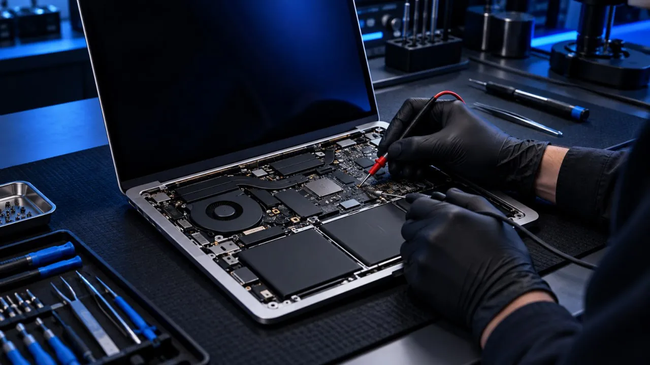 فني يختبر اللوحة المنطقية لجهاز MacBook بجهاز قياس متعدد أثناء الإصلاح في مسقط