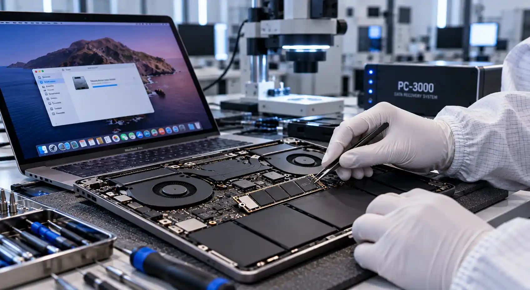 فني يعمل على SSD في اللوحة المنطقية لجهاز MacBook باستخدام نظام PC-3000 أثناء استعادة البيانات