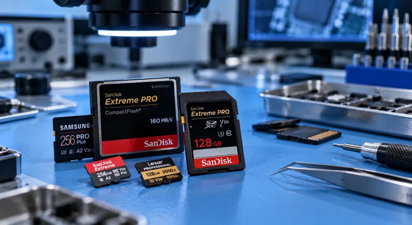 استعادة بيانات الرام في عُمان – بطاقات ذاكرة SD وmicroSD وCompactFlash على طاولة عمل لاستعادة البيانات في مسقط