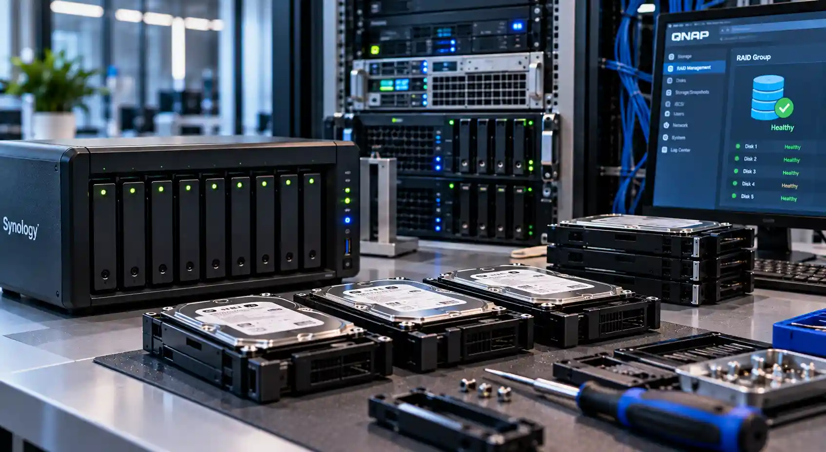 Synology NAS, QNAP RAID management screen and rack servers for RAID data recovery in Oman