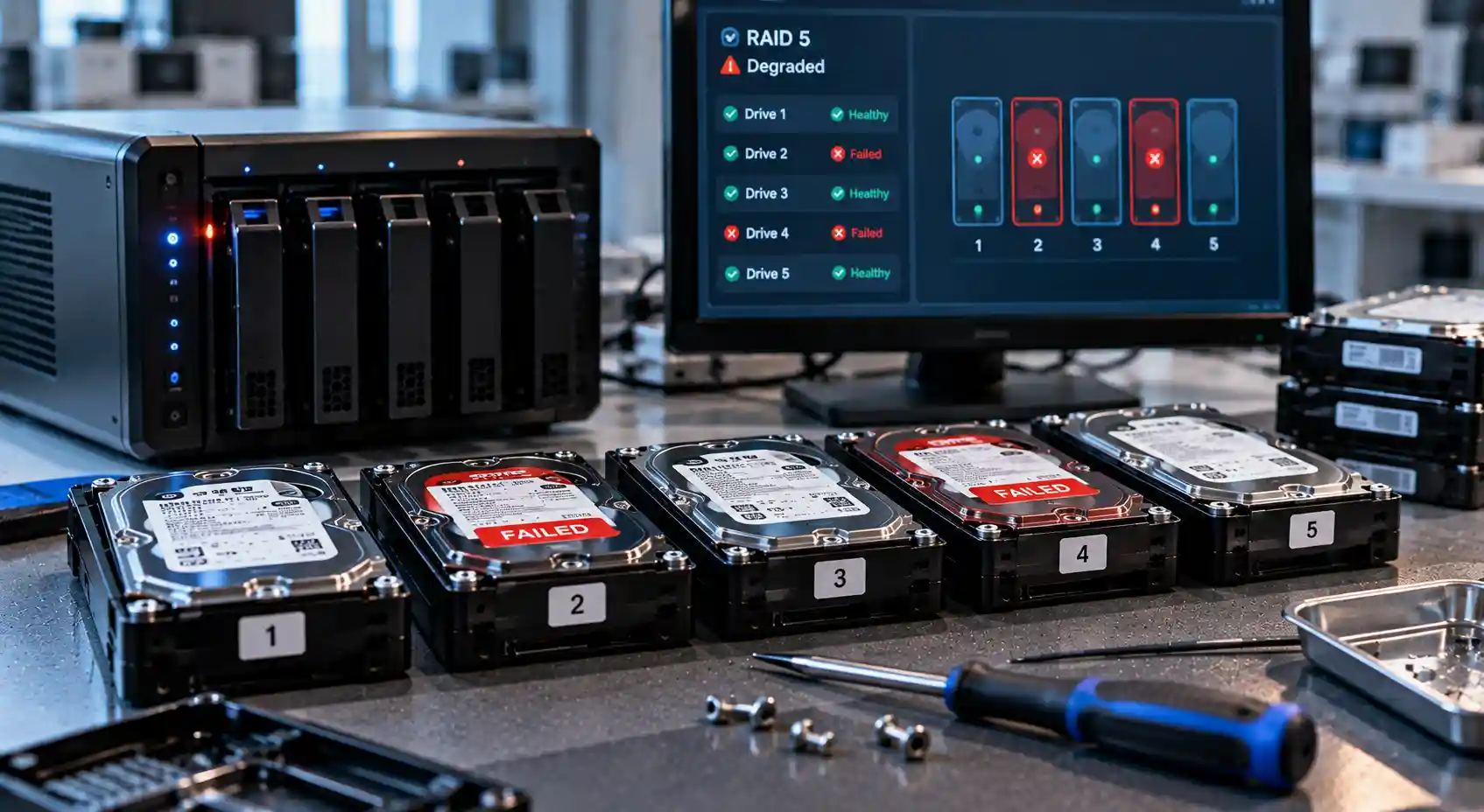 Degraded RAID 5 array with two failed hard drives shown on the RAID management screen
