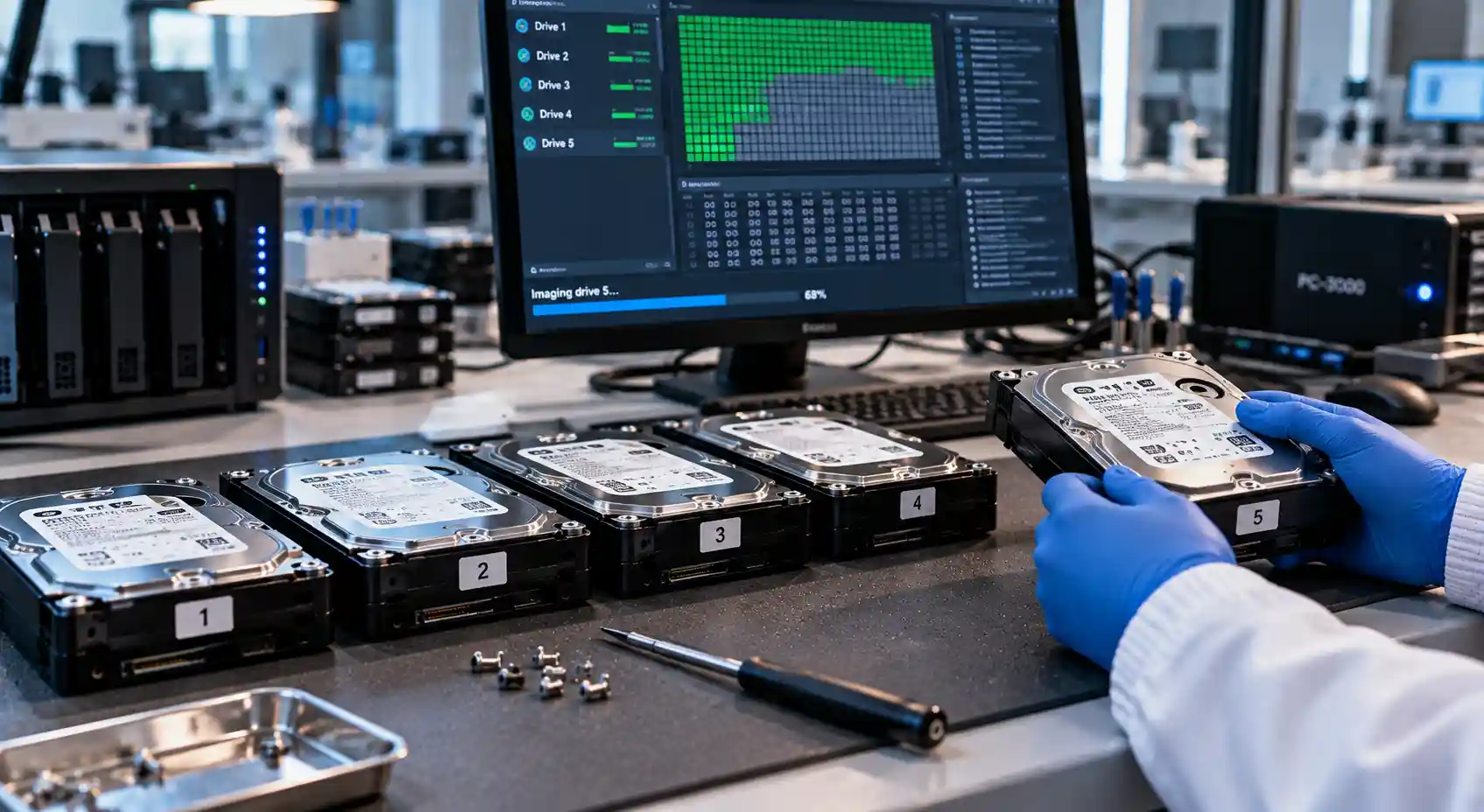 Technician imaging numbered RAID member drives with PC-3000 during RAID data recovery in Muscat