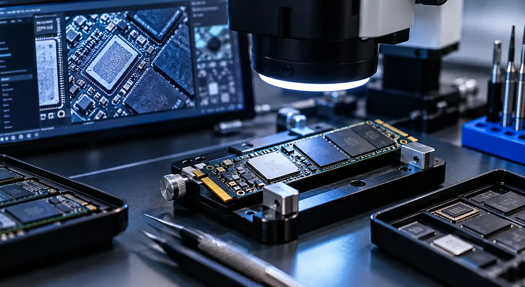 وحدة تحكم وشرائح NAND لقرص M.2 NVMe تحت المجهر أثناء تشخيص إصلاح SSD